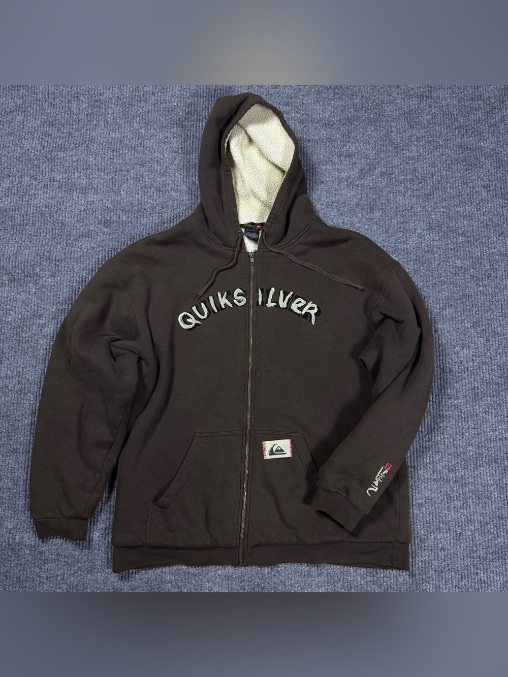 Vintage Quiksilver Hoodie Mens XL Brown Sherpa Lined Sweatshirt Fleece Full Zip